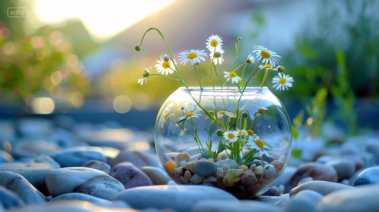 装有鹅卵石的花瓶,迷人小花盛开