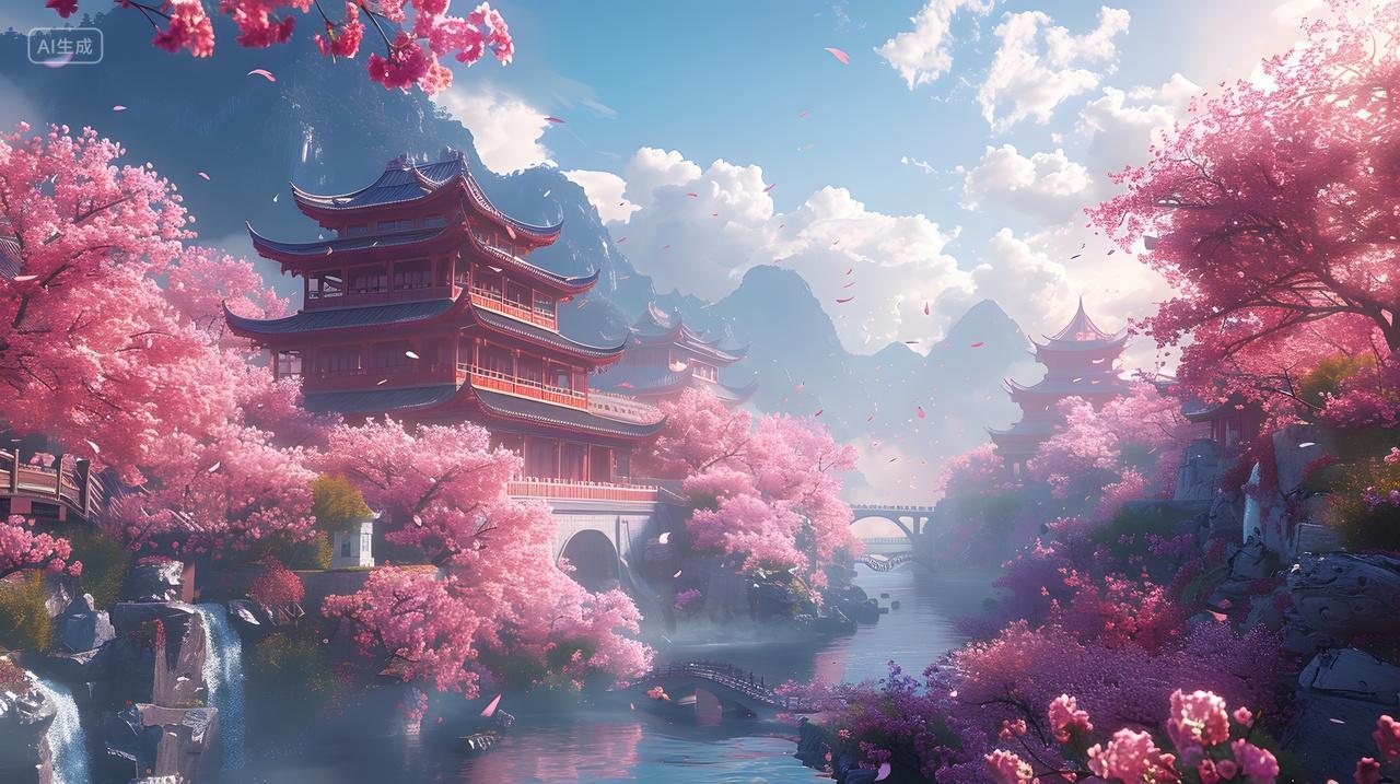 湖边樱花盛开中式建筑风景壁纸春季中国旅游