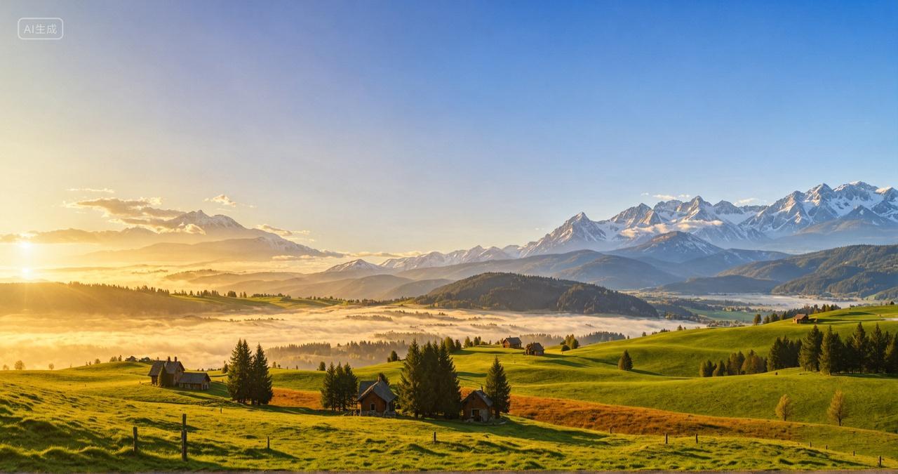 早晨雪山山峰山村自然风光
