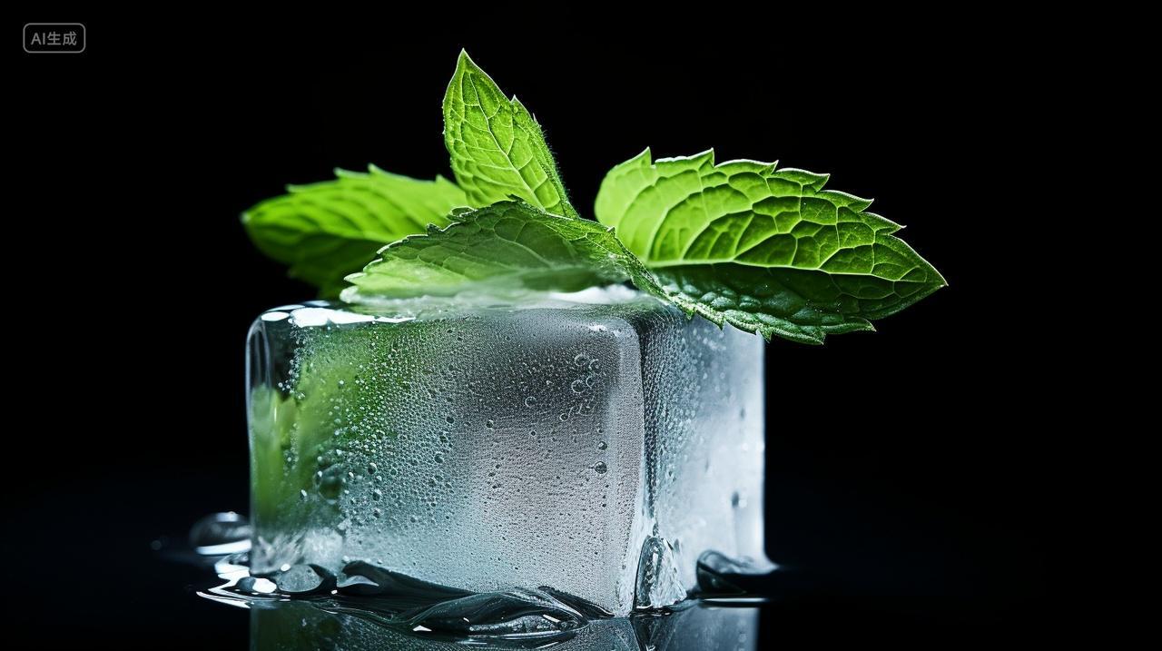 黑色背景下的冰块与薄荷夏日凉爽小暑大暑入伏
