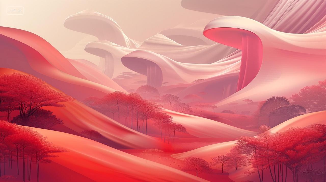 红粉色渐变抽象山脉树木和悬浮结构建筑