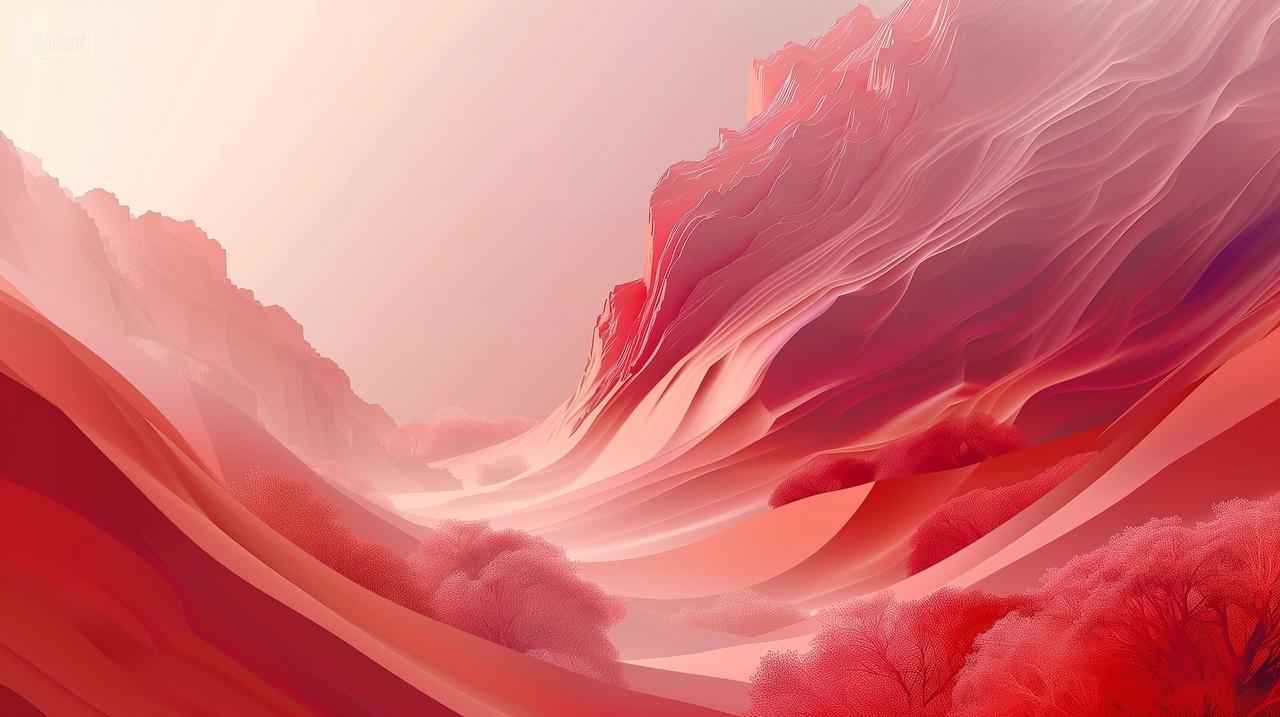 红粉色渐变抽象山脉树木元素背景