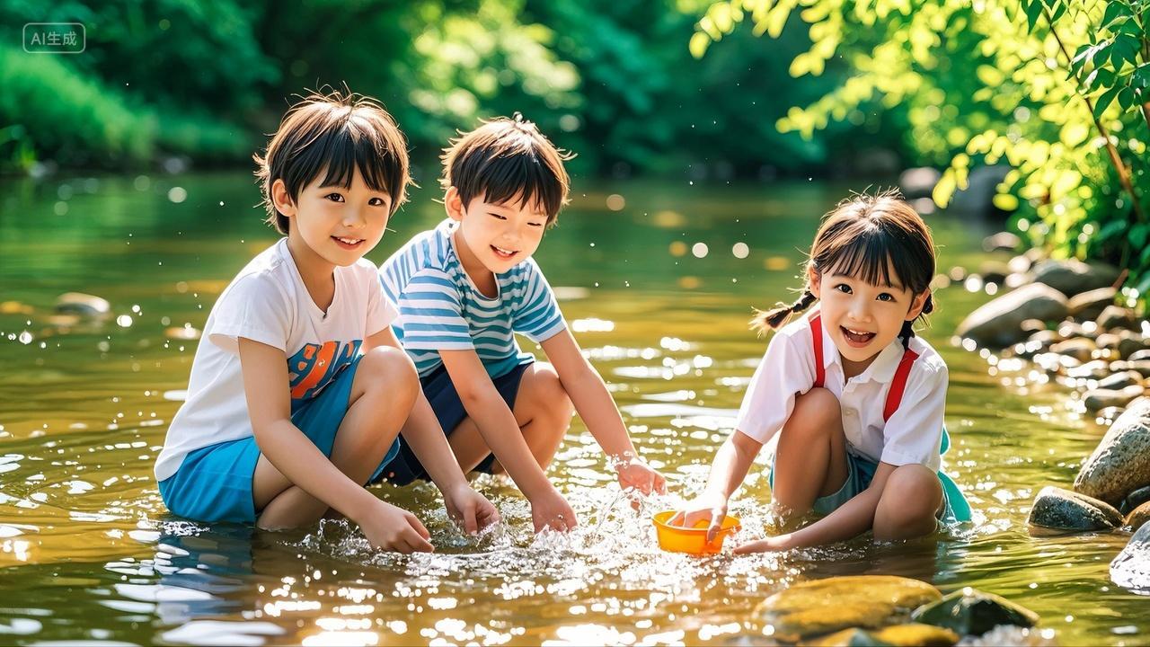 夏日孩子们在小河里戏水玩水儿童夏天