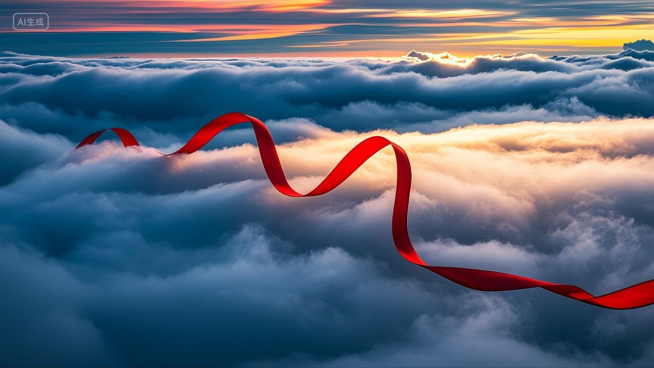 翻滚的云层里飞舞的红色丝带丝绸建军节素材