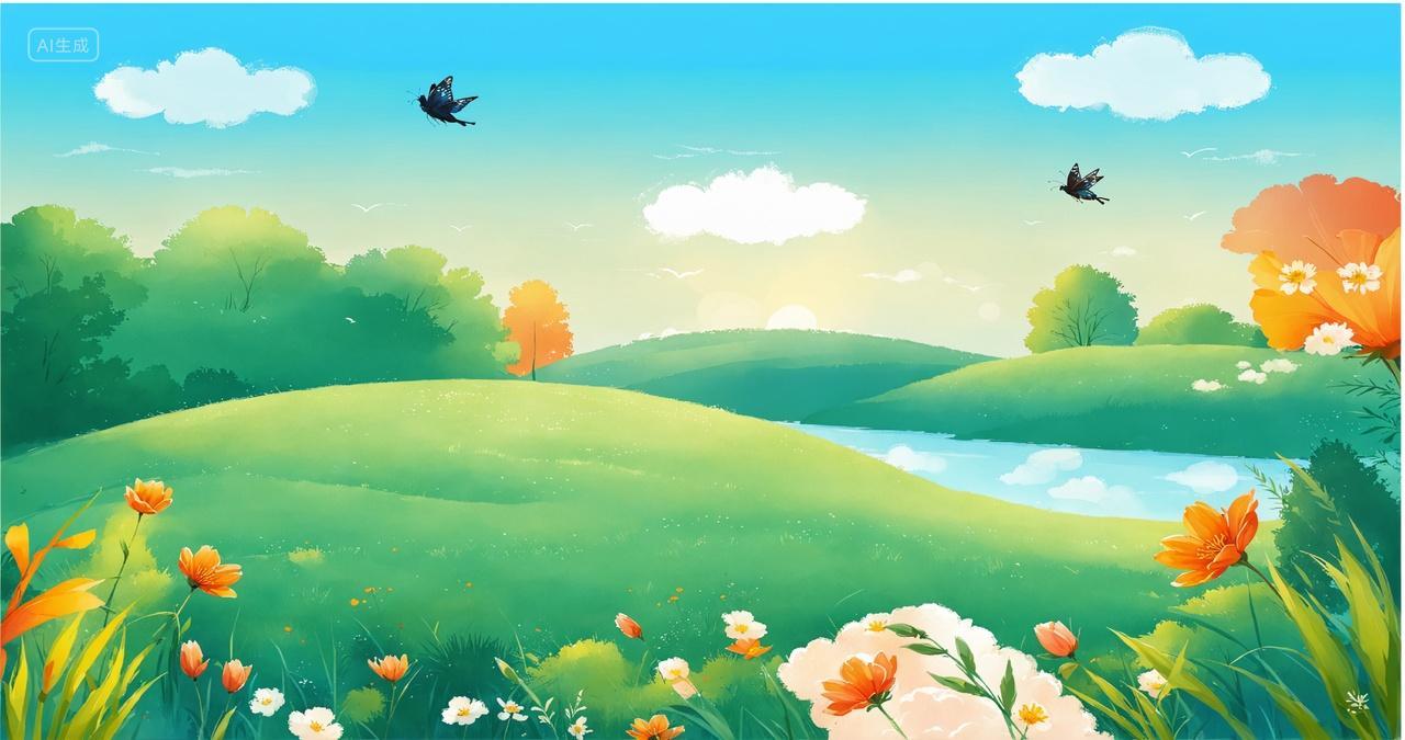 春天卡通蓝天白云草地背景图