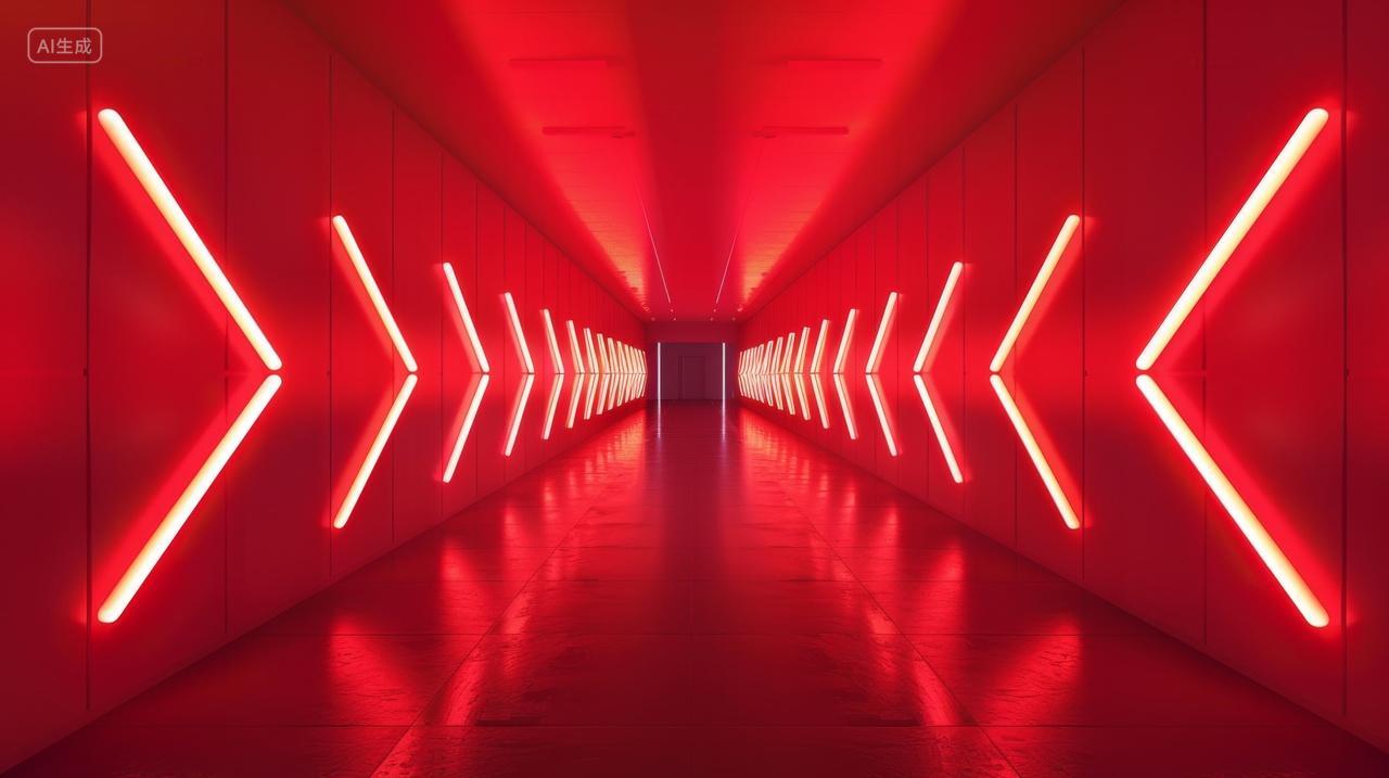 抽象空间指引向前的发光箭头和红色走廊
