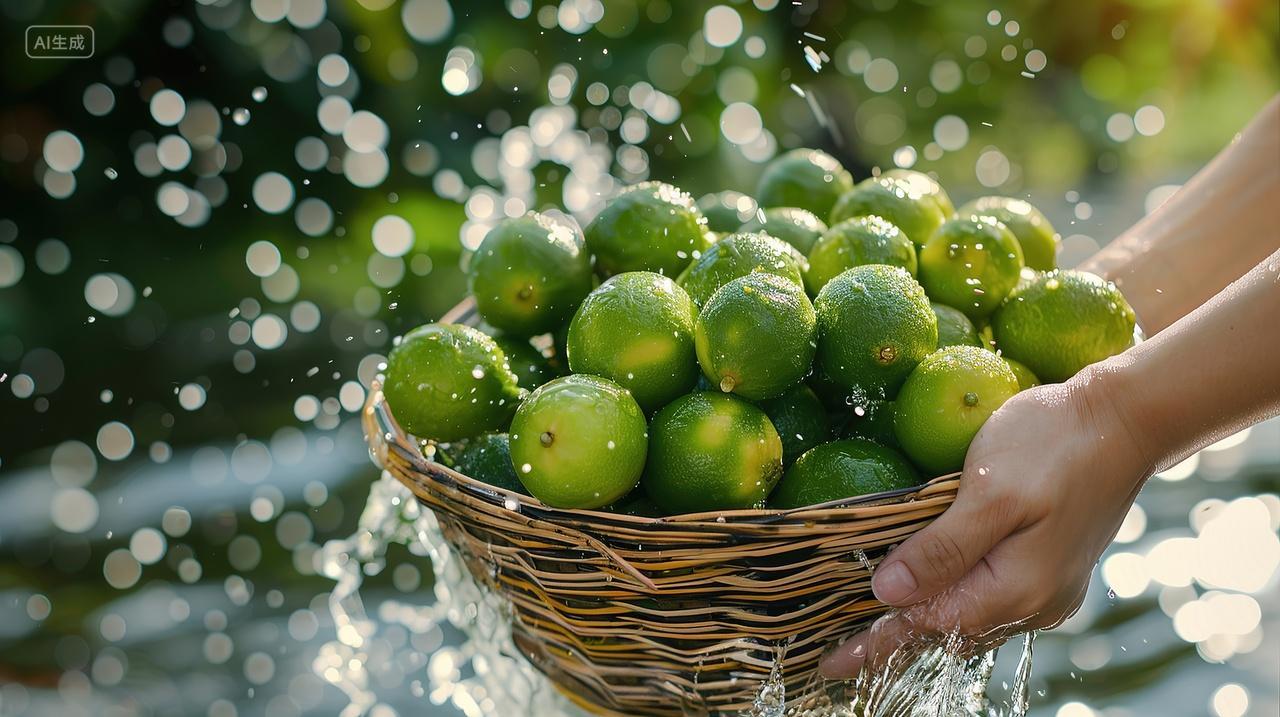 一篮子的柠檬在河水中清洗夏天背景