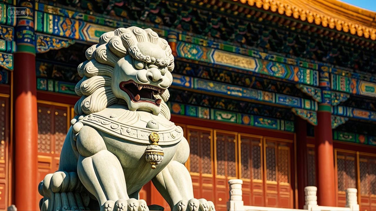 宫殿前镇守的石狮子雕像古典建筑建军节素材