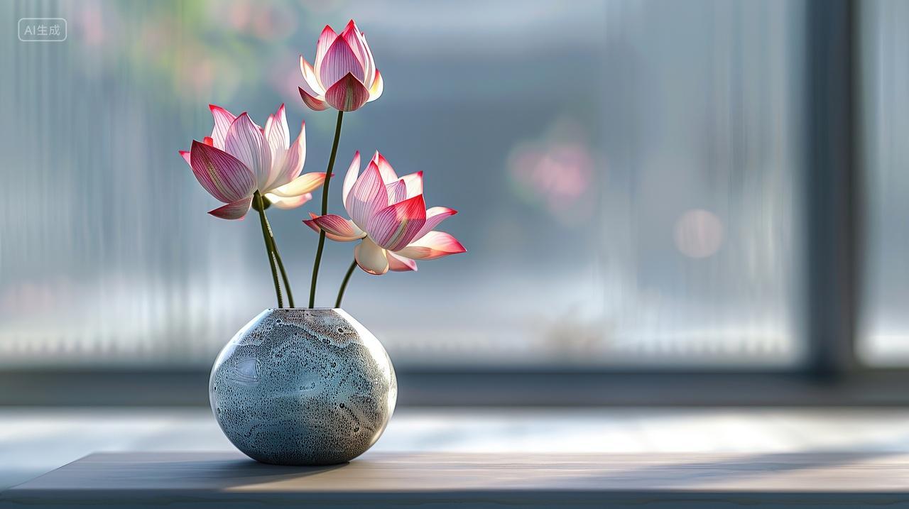 室内地上有一个花瓶装着3株荷花二十四节气大暑