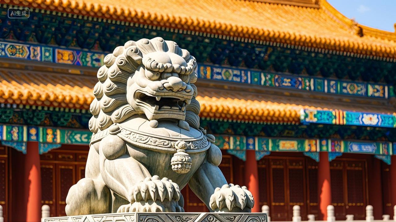 宫殿前镇守的石狮子雕像古典建筑建军节素材