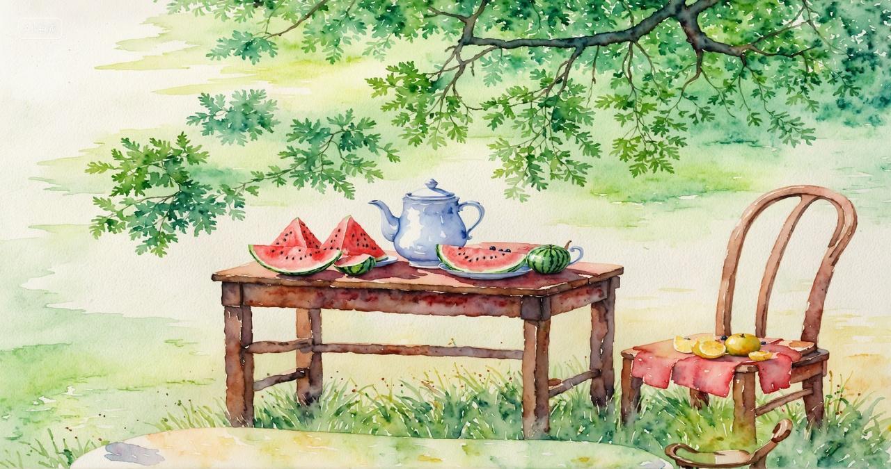 水彩树下西瓜喝茶乘凉大暑小暑夏天