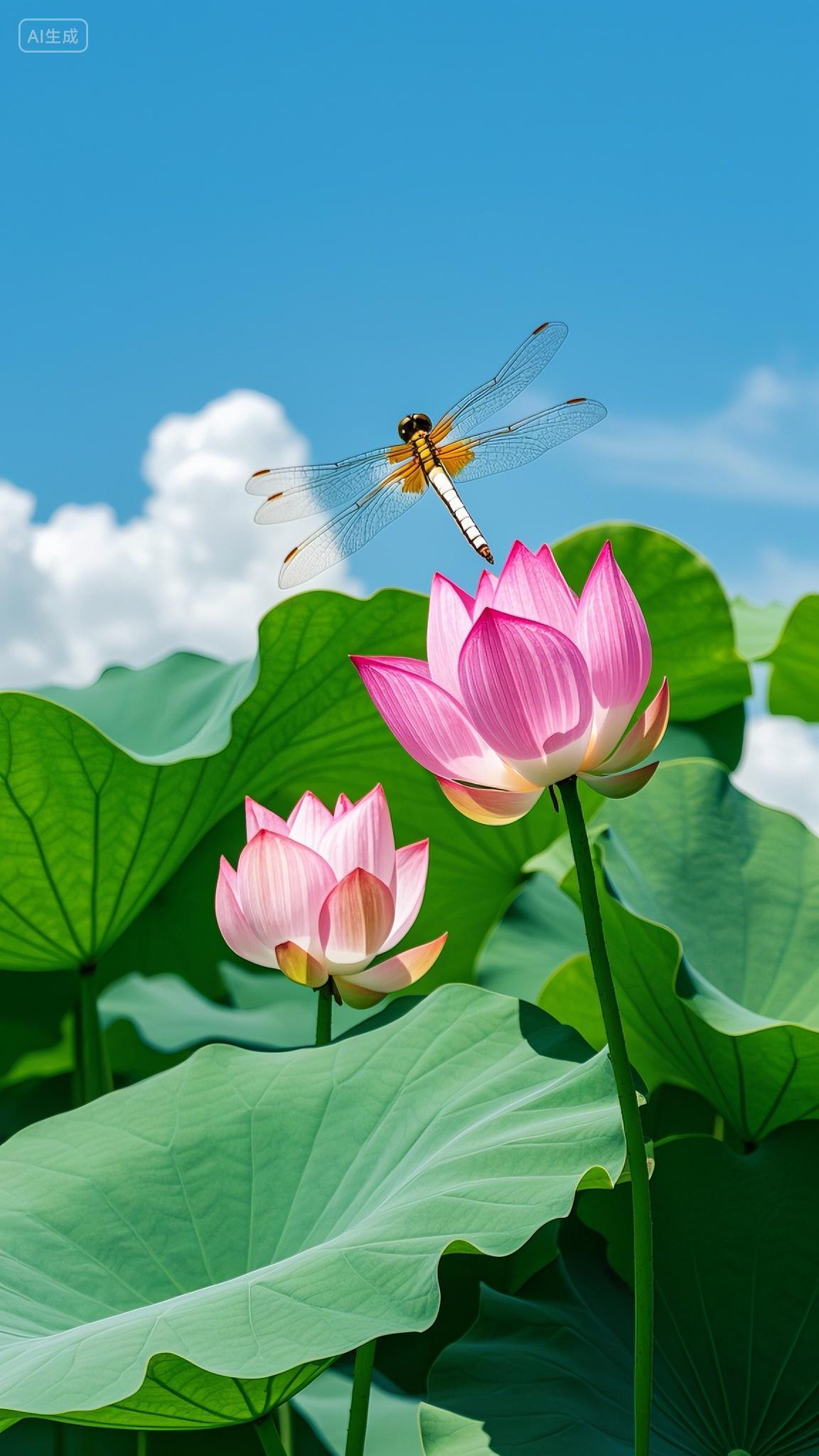 盛开的荷花上飞舞着一只蜻蜓小暑大暑