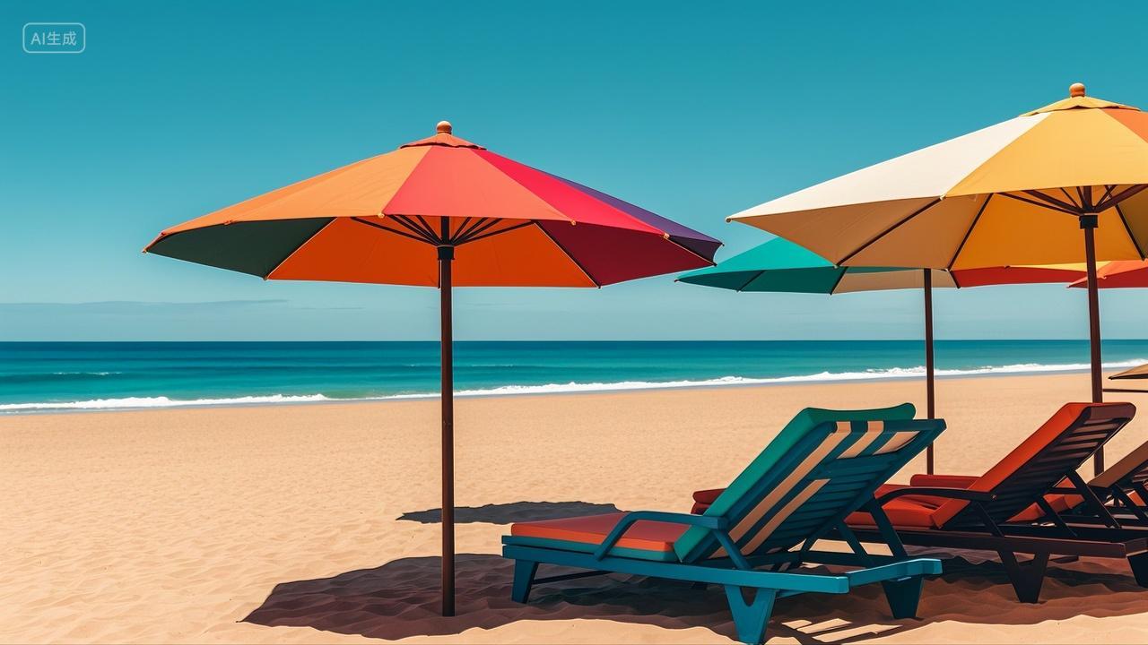 夏季海滩遮阳伞躺椅度假风景壁纸