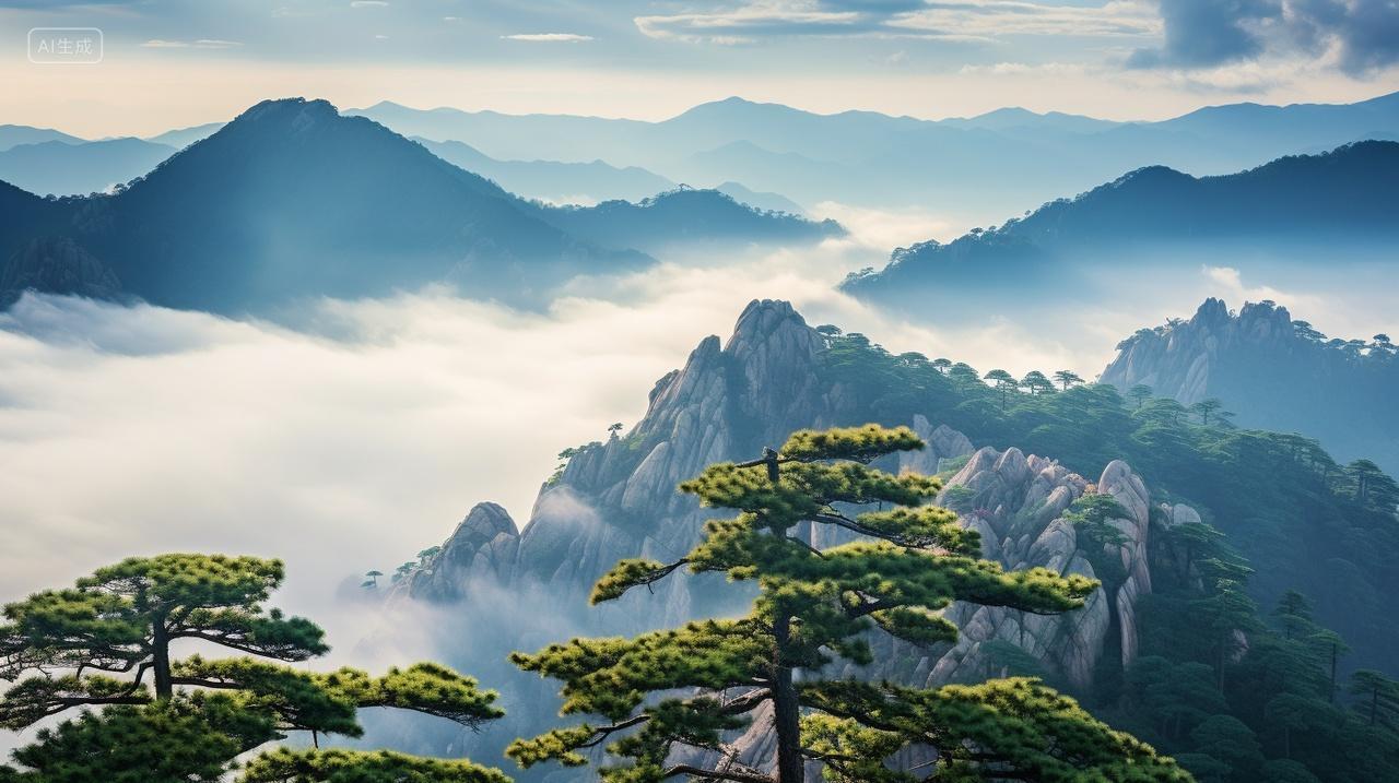 黄山山峰迎客松云海翻滚风景壁纸旅游