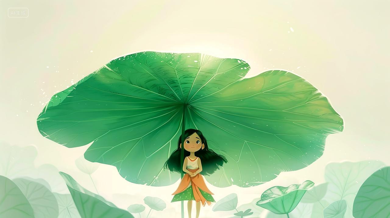 可爱卡通女孩拿着荷叶伞
