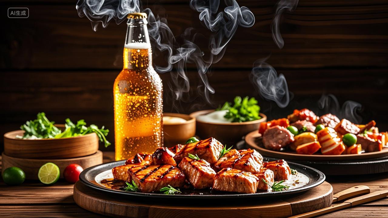 木桌上的烧烤啤酒美食背景