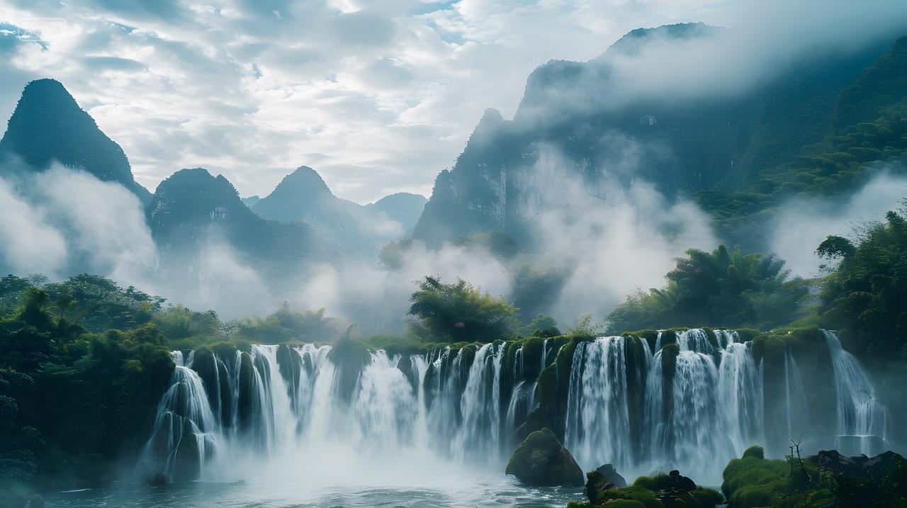 雾霭群山瀑布风景壁纸