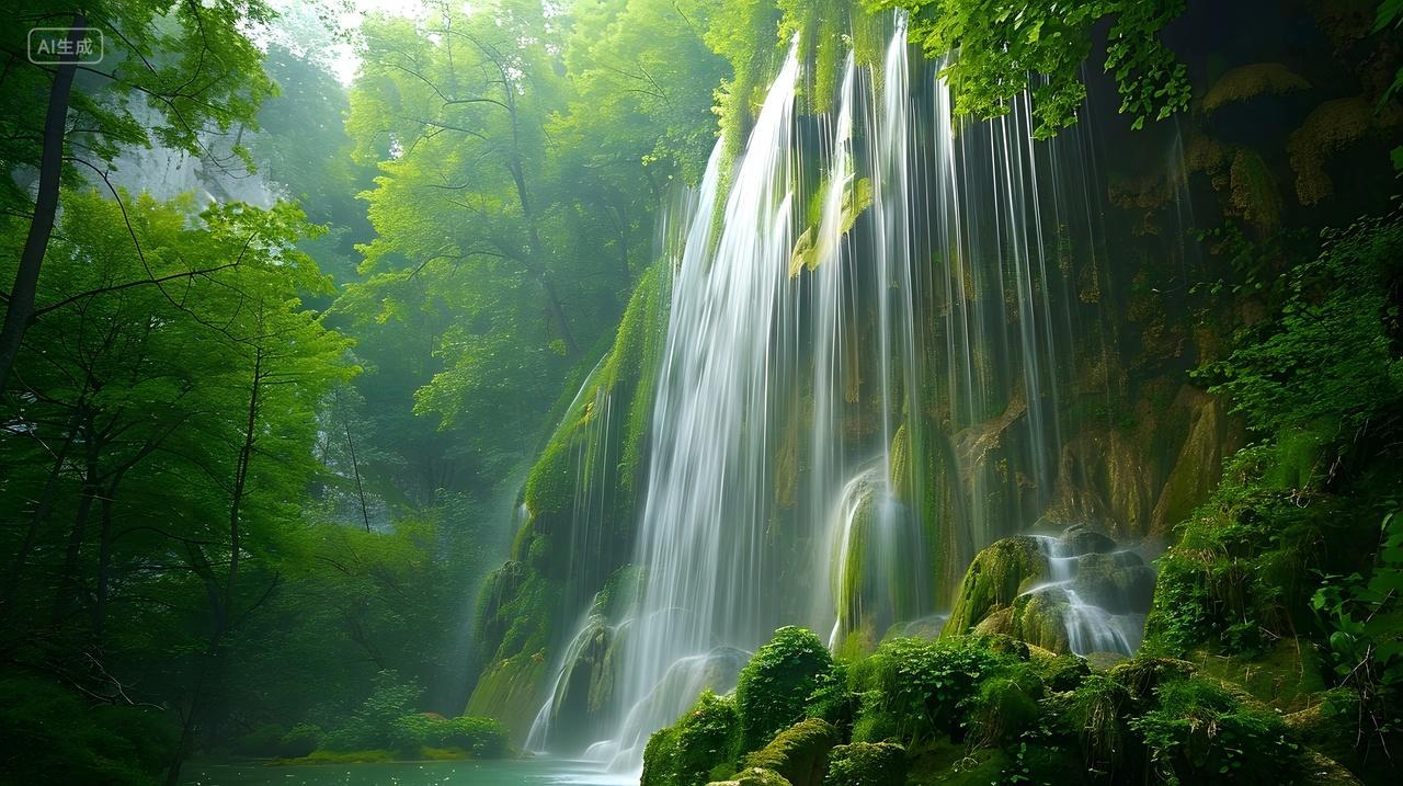 绿色山谷中的瀑布风景壁纸