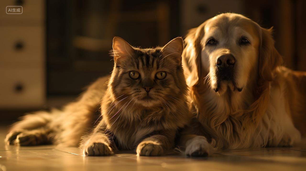 夕阳下房间里猫咪和狗狗宠物动物