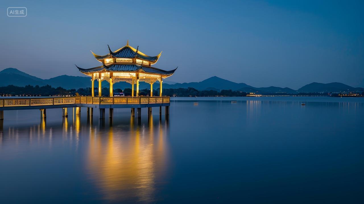 西湖夜景灯光水面反射风景壁纸