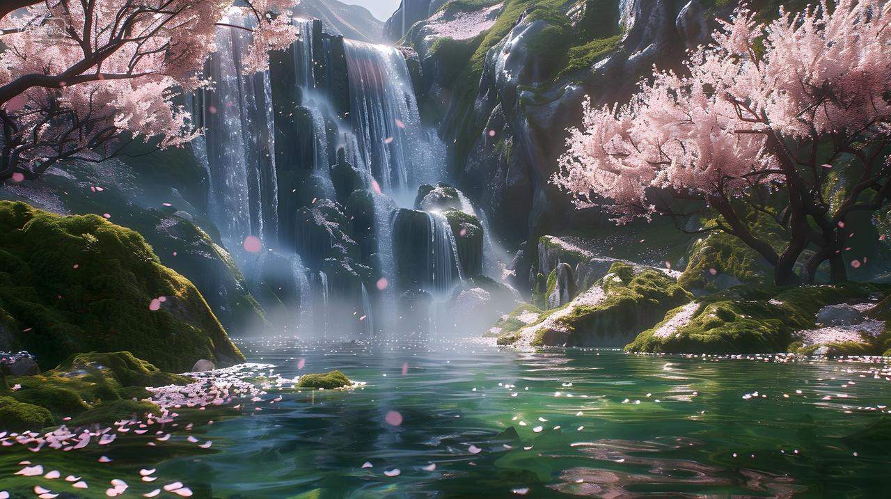 春季樱花瀑布湖畔风景壁纸