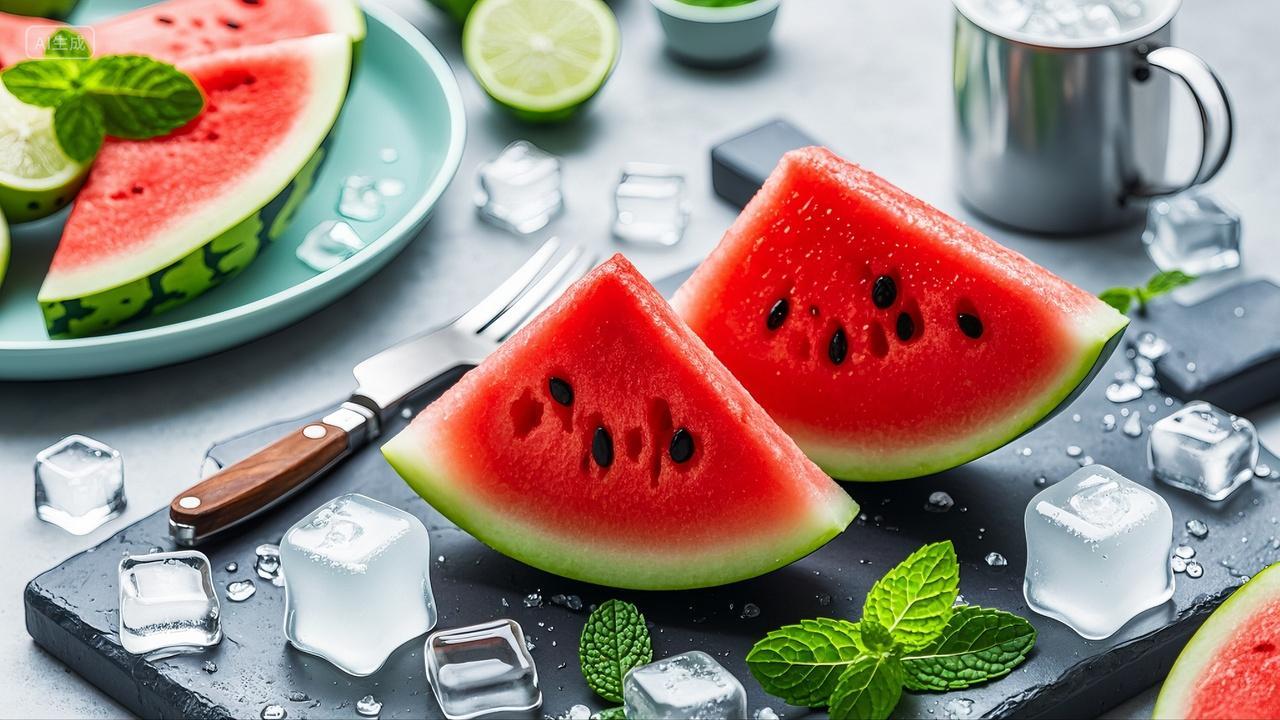 西瓜水果和新鲜薄荷冰块组合生鲜果蔬