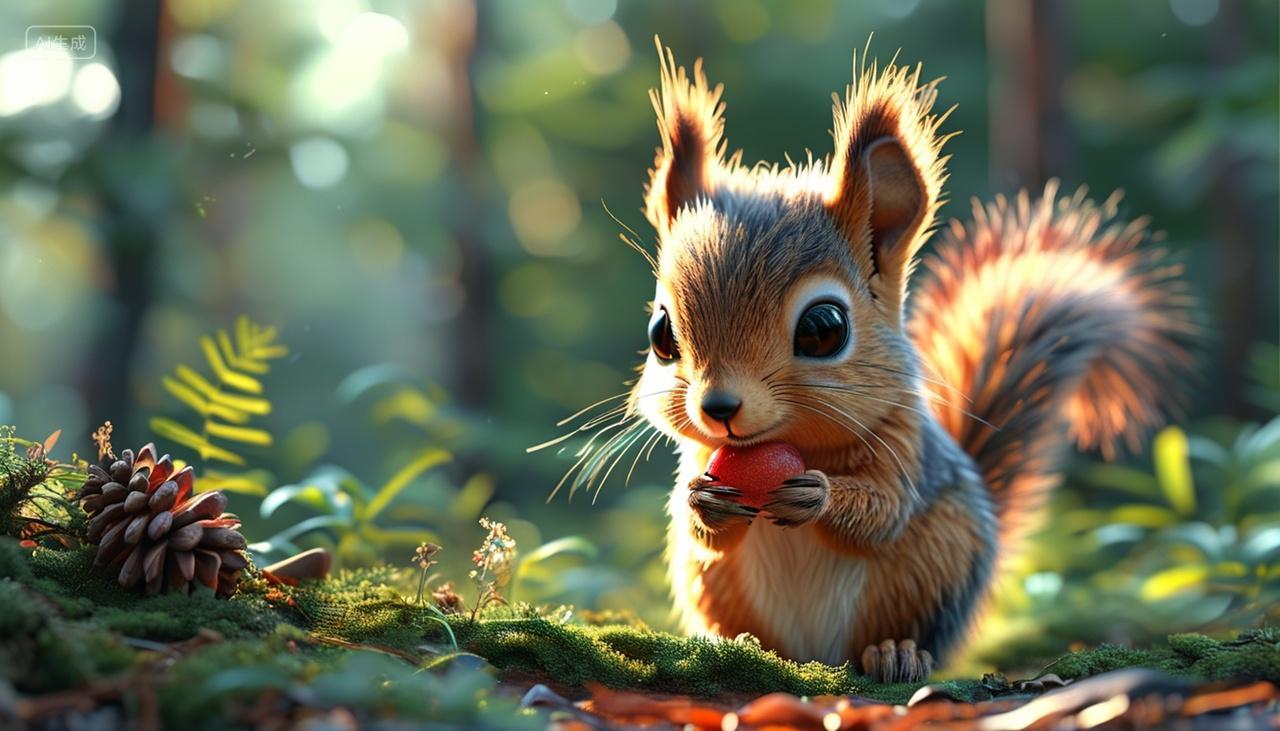 森林里一只可爱的小松鼠在寻找食物