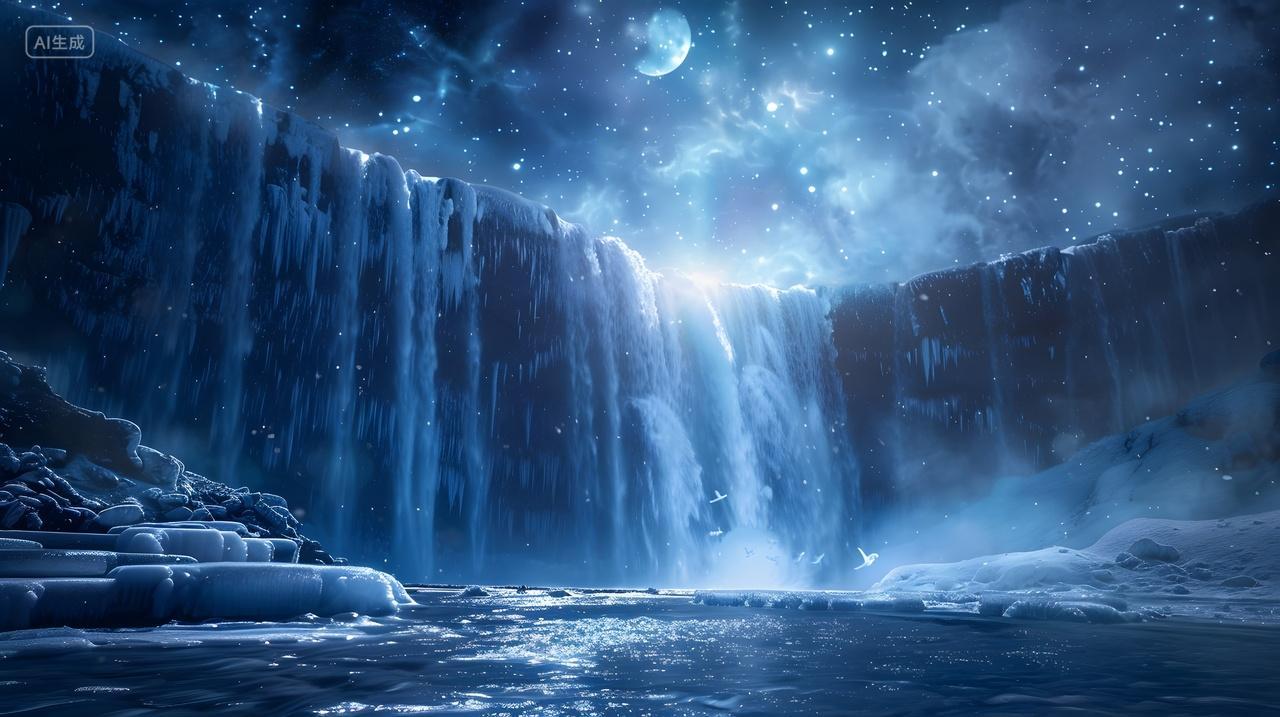 夜晚星空瀑布梦幻风景壁纸