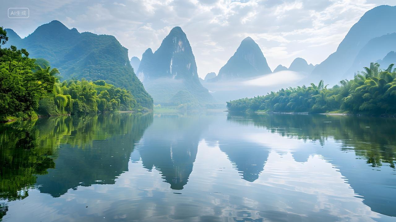 清晨雾中山水倒影自然风光壁纸