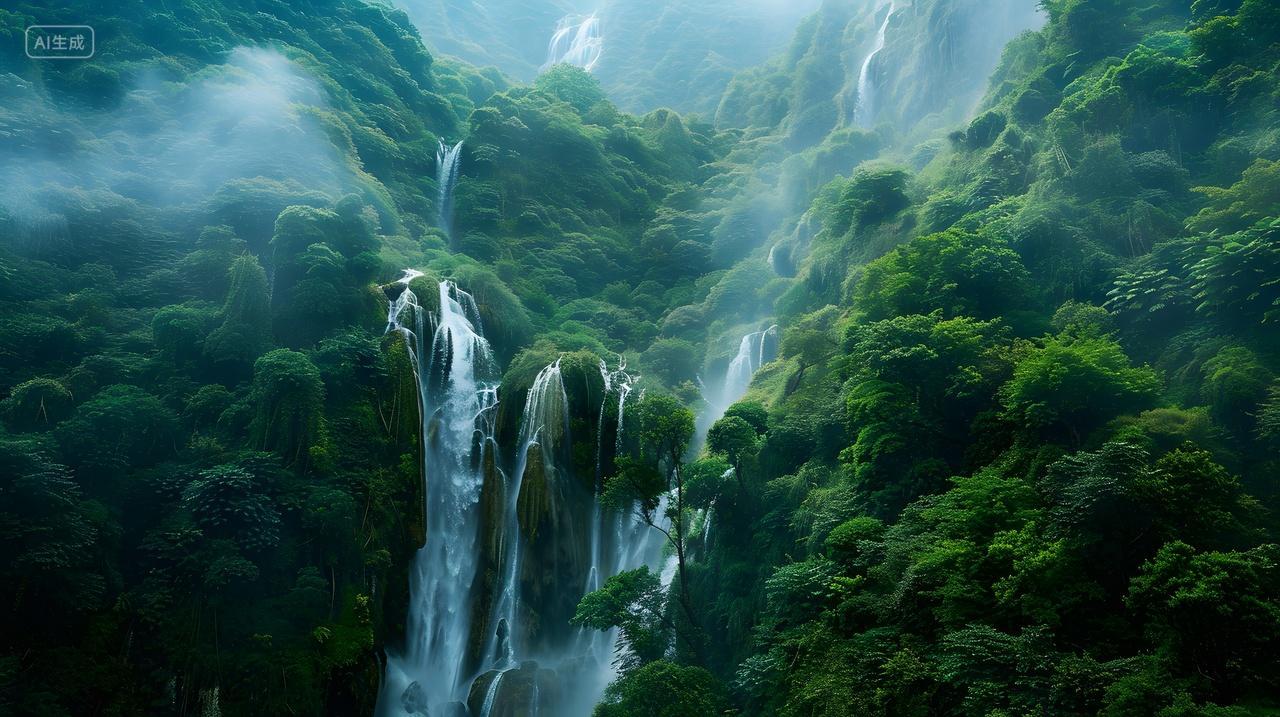 浓雾笼罩瀑布群山自然风景壁纸