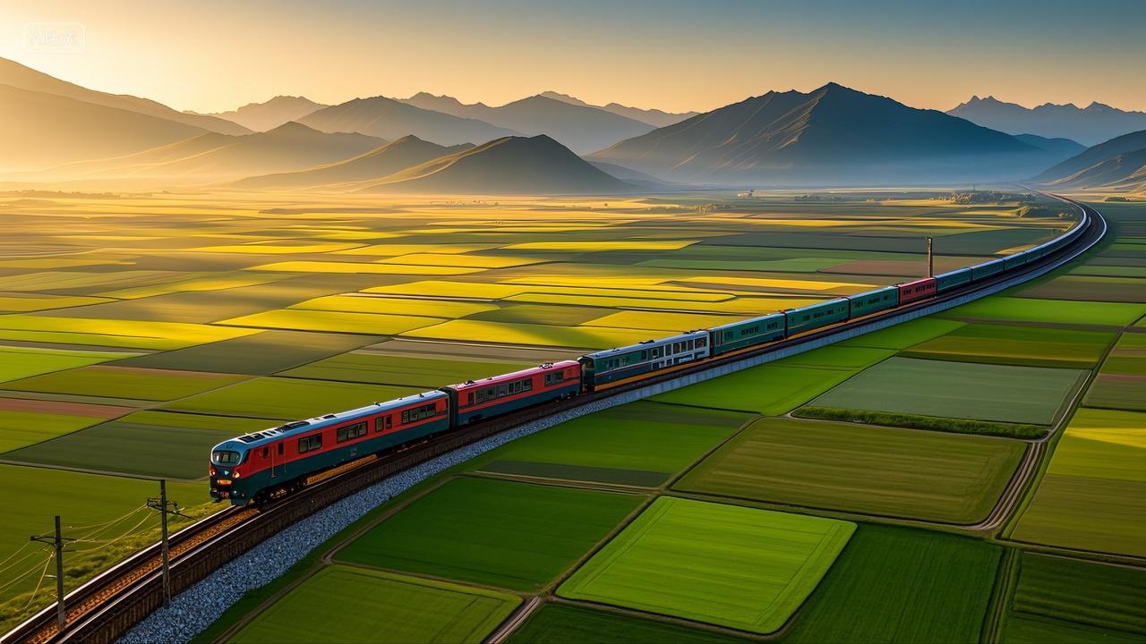 夕阳下行驶在平原上的火车交通轨道铁路铁轨乡村振兴