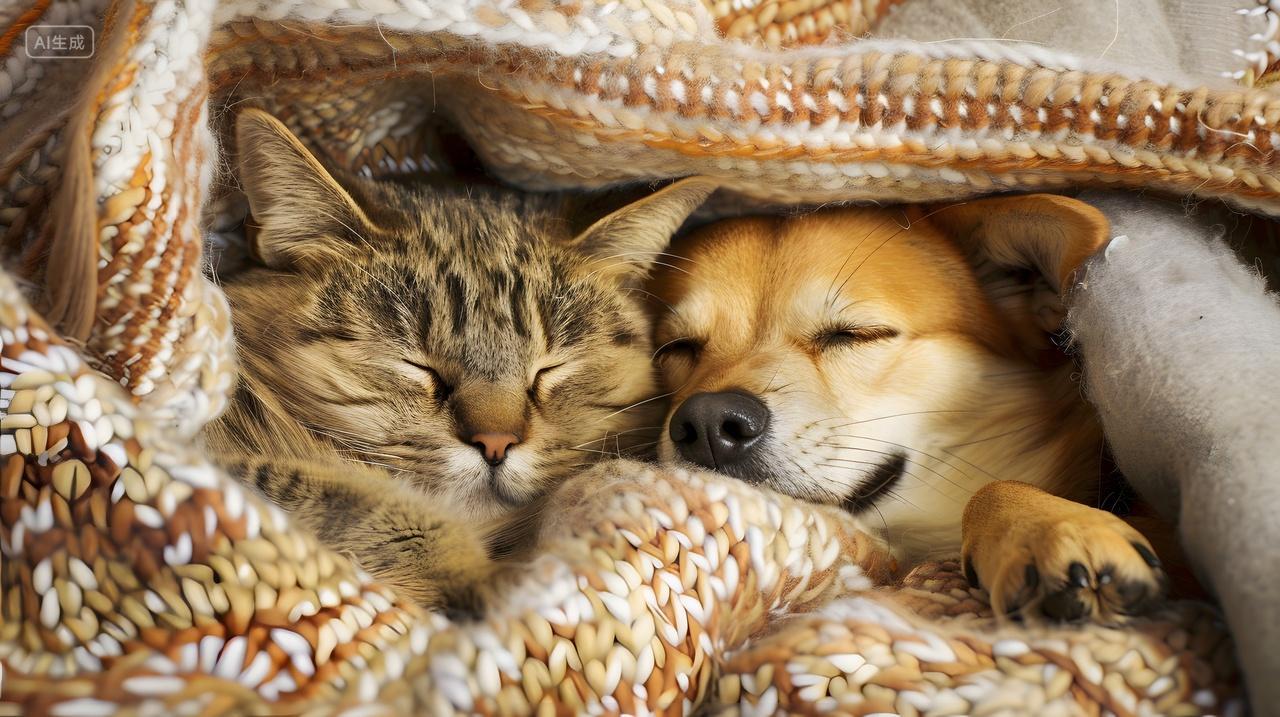 被窝的狗狗与猫咪温馨可爱