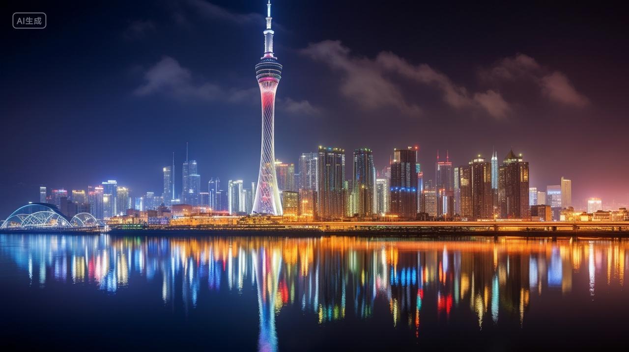 广州塔夜景地标建筑珠江新城