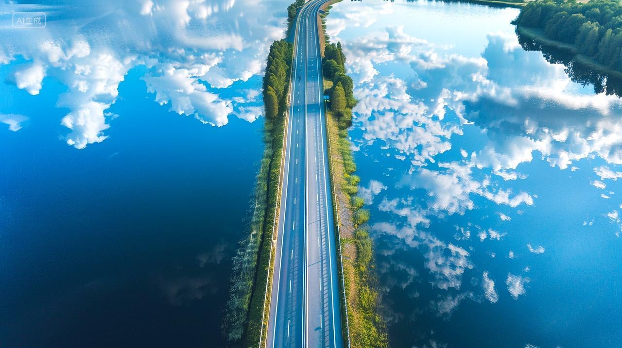 鸟瞰蓝色湖泊上的美丽公路风景