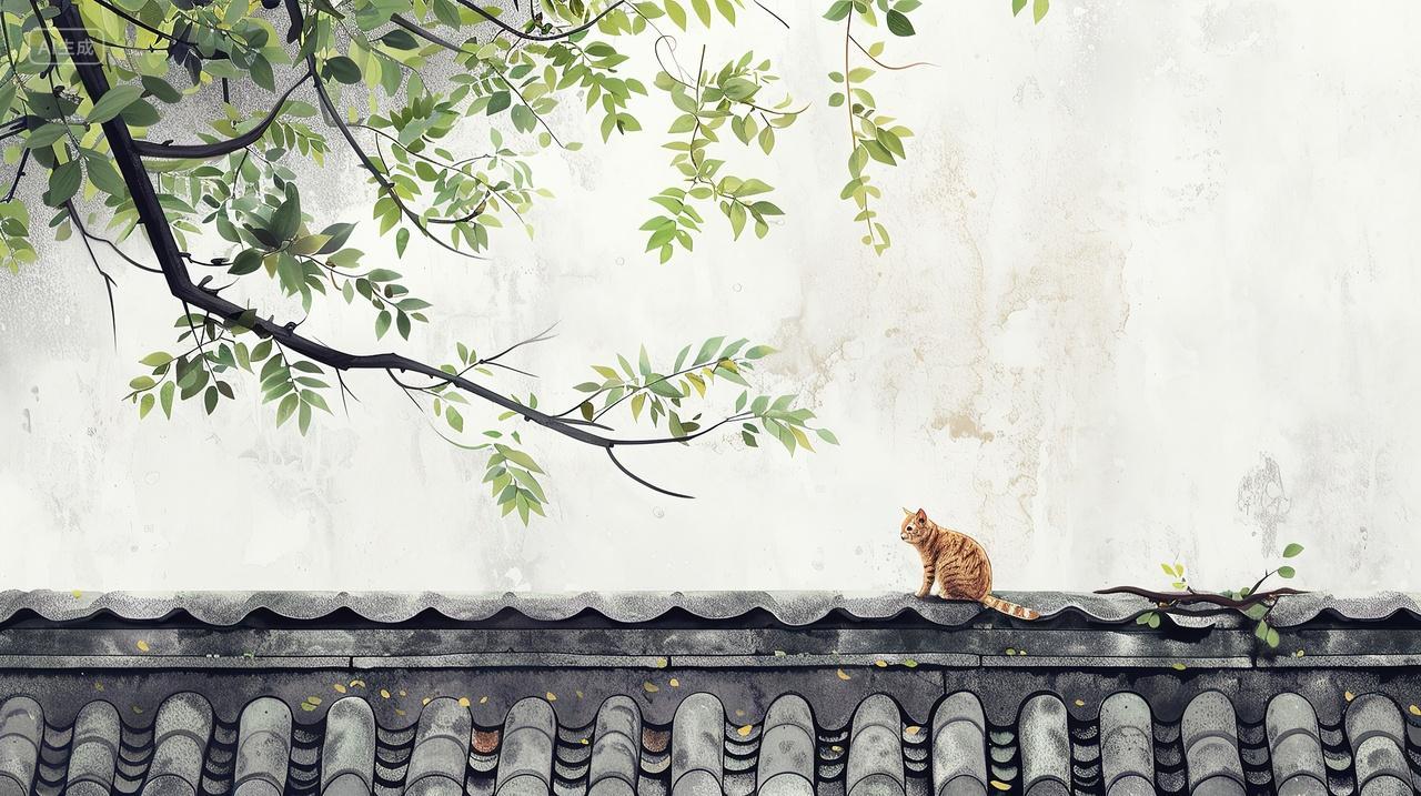 夏日一只猫在屋檐上国风建筑