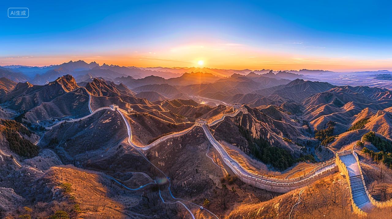 日落阳光万里长城北京地标