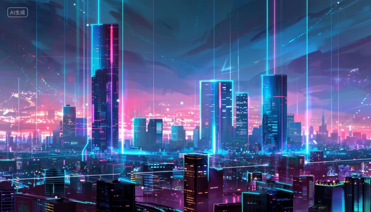 科技感城市夜景和霓虹几何光线