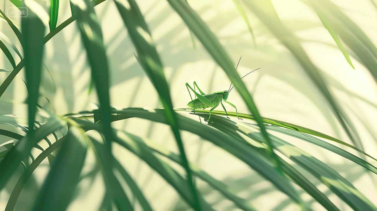 一只螳螂在树叶上的光影背景