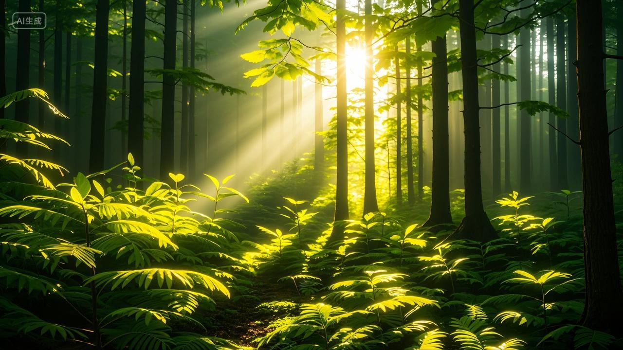 原始森林树林小树树苗植物植被绿色阳光自然风景