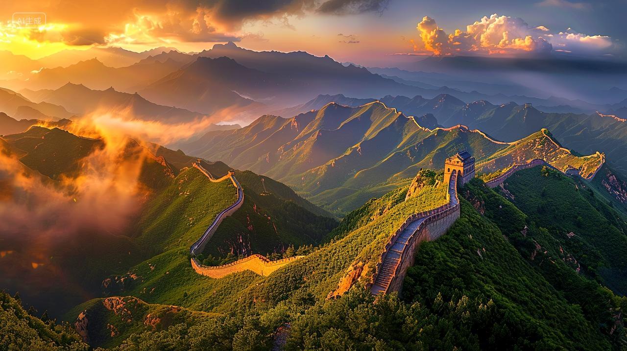 日落万里长城75载的历史与自然的交响