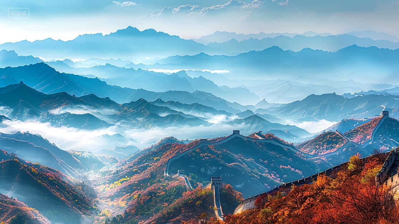 国庆节秋天万里长城北京地标的插画