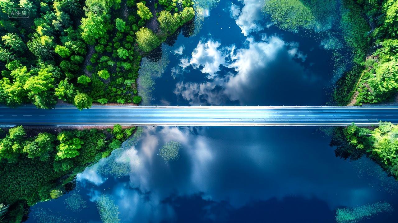 鸟瞰蓝色湖泊上的美丽公路自然风景壁纸