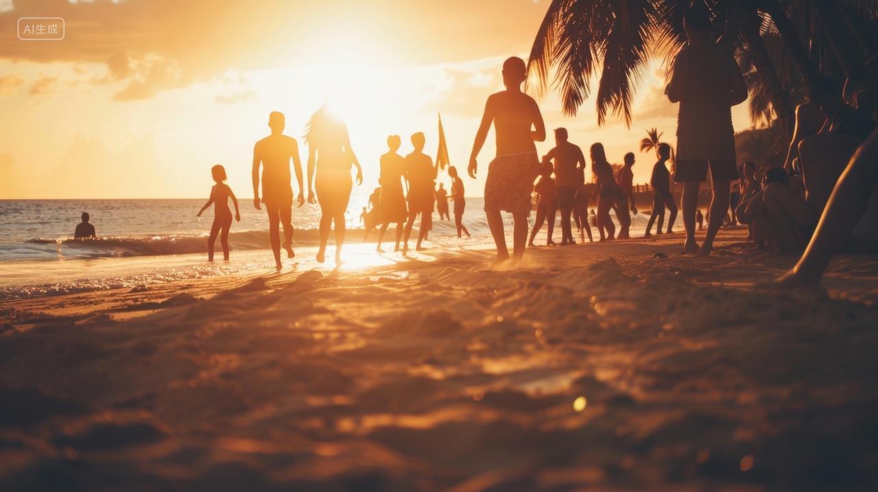 夕阳下在沙滩上活动的人群背影