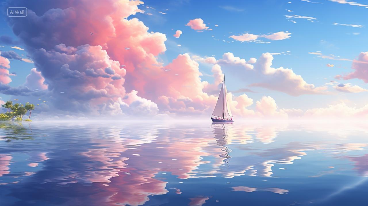 美景天空船白云湖泊温馨清新插画背景渐变壁纸背景