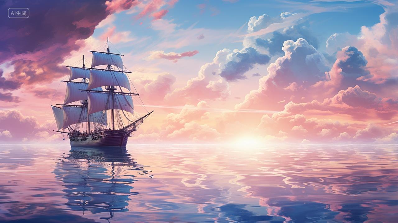 美景天空船白云湖泊温馨清新插画背景素材插画