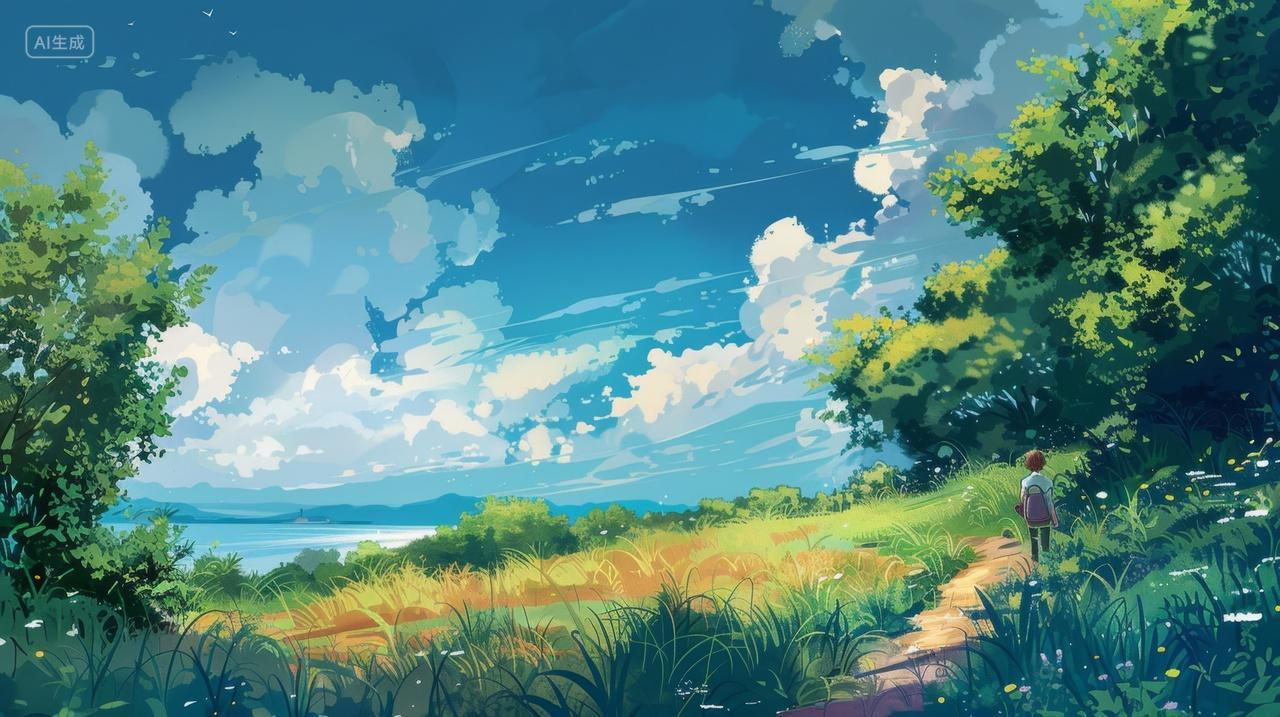 夏天插画,蓝天白云绿树成荫