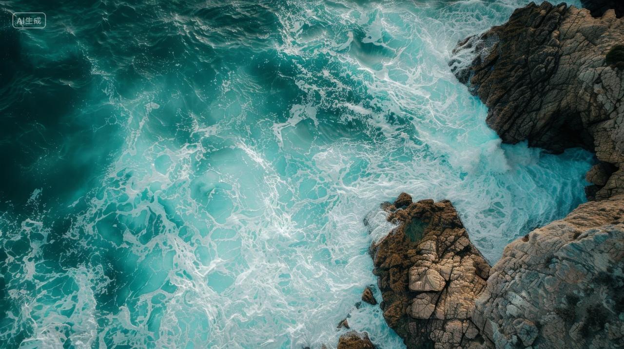 航拍视角波涛汹涌的海岸风景