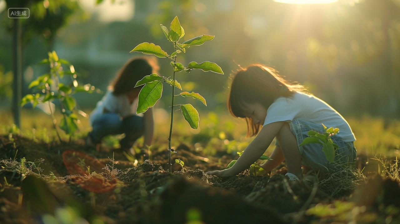 植树节场景儿童植树田野背景明媚阳光