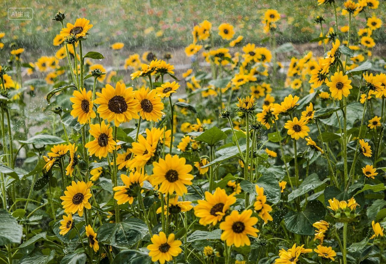 黄色向日葵菊花下雨淋花雨景