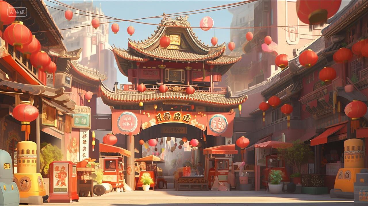 古风插画喜庆国庆商业街中国建筑温馨氛围背景壁纸插画素材